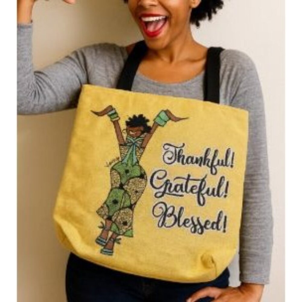 Thankful Grateful Blessed Tote Bag With Black Handles – Large   – Yellow & Black - Picture 3 of 11